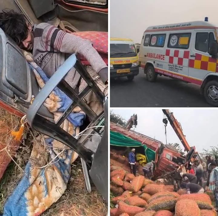 रायबरेली - मटर लादकर लखनऊ जा रहा डीसीएम अनियंत्रित होकर खाई में पलटा