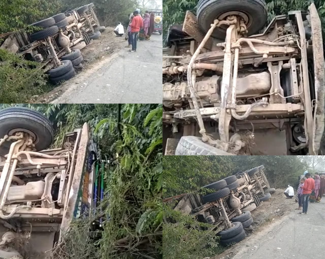 Rainareli-पुलिया में रेलिंग ना होने के चलते तालाब में पलटा ट्रक चालक घायल