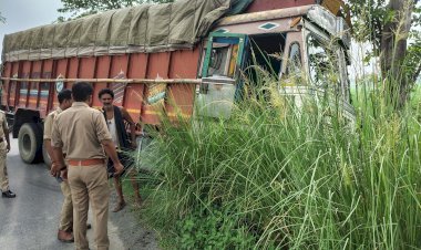 रायबरेली स्टेयरिंग फेल होने से सड़क किनारे पलटा ट्रक, चालक बाल-बाल बचा