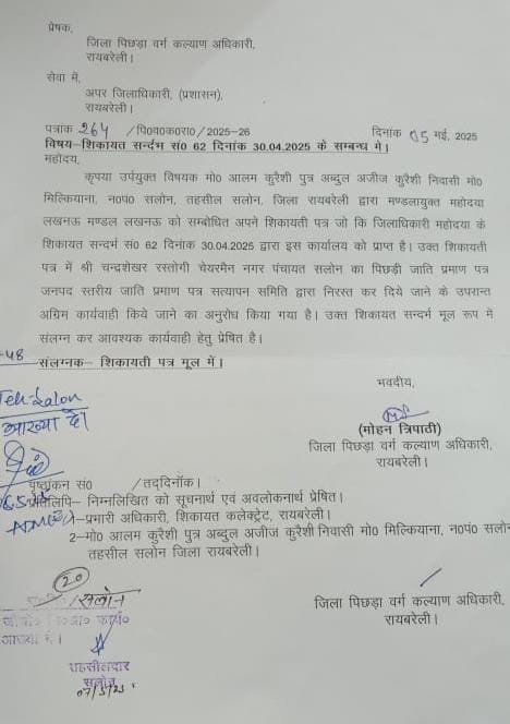 रायबरेली-सलोन नगर पंचायत अध्यक्ष के अधिकारों पर लगी रोक,,, 