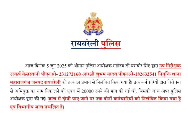 रायबरेली-घूस मांगने वाले दरोगा और सिपाही को एसपी ने किया निलंबित,,,,