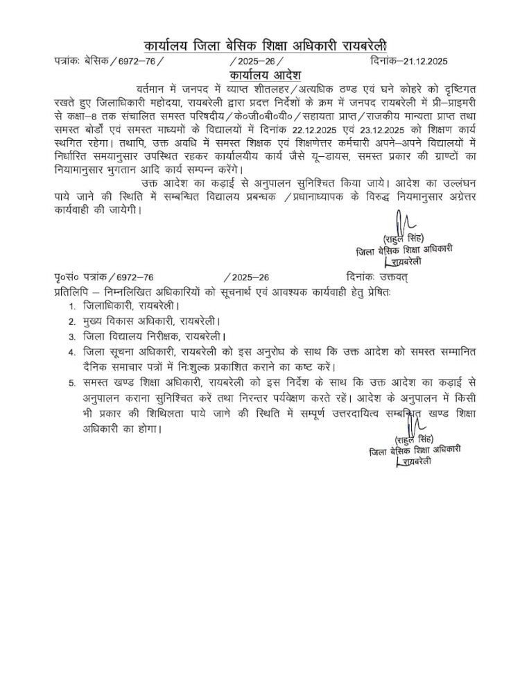 रायबरेली -शीतलहर के चलते दो दिन तक कक्षा 8 तक के विद्यालयों मे अवकाश घोषित