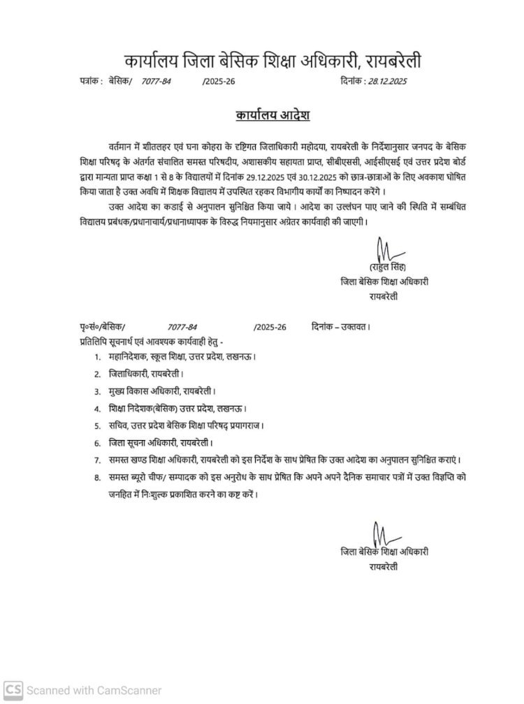 रायबरेली: कड़ाके की ठंड व शीतलहर को लेकर अवकाश घोषित